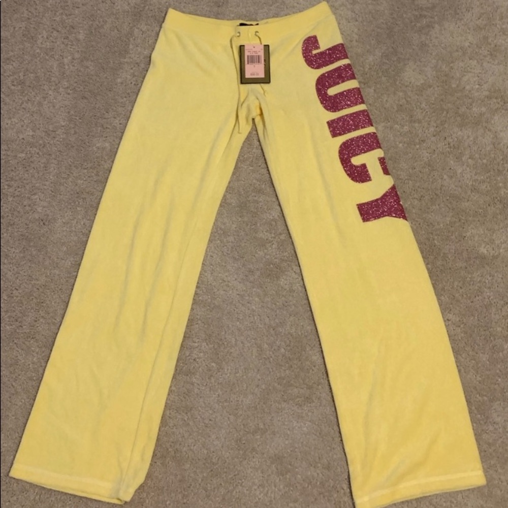 ISO yellow juicy terry cloth pants with pink glitter soooo juicy